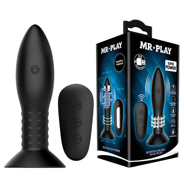 MR PLAY Rotation Beads Anal Plug - Black USB Rechargeable Beaded Butt Plug with Wireless Remote Baile
